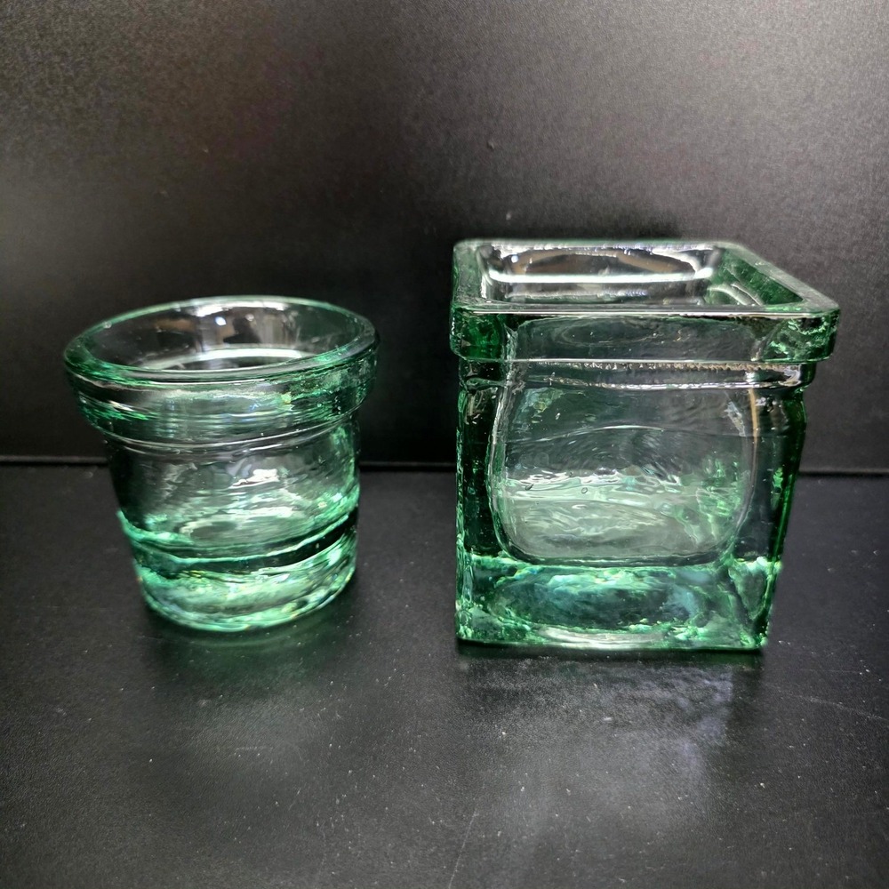 Glass Votive Set Small Green Handblown Thick Heavy Decorative Artesian Elegance